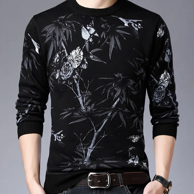 男士秋季爆款墨竹针织衫国风时尚休闲打底衫T恤潮男毛衣新款潮流
