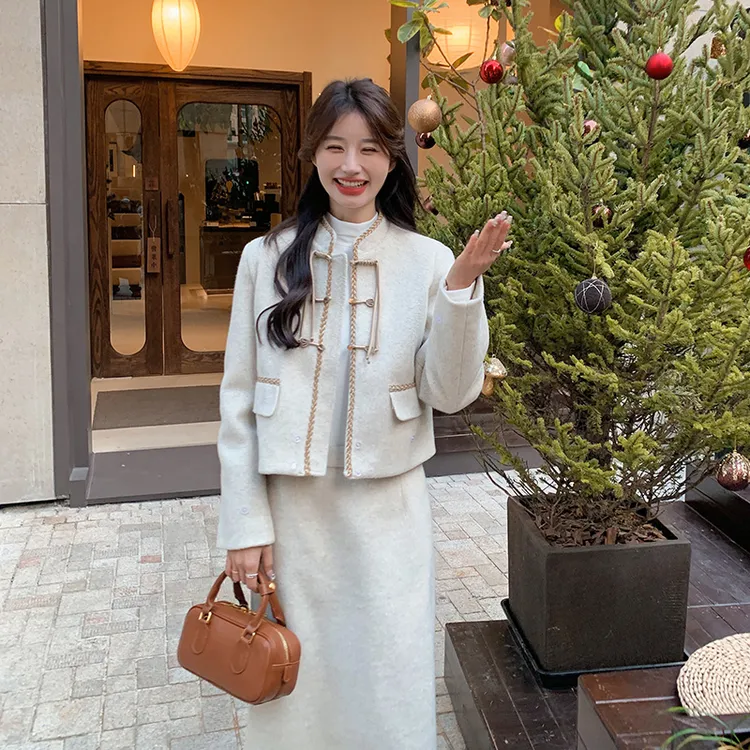 新中式国风冬季毛呢两件套裙装2024年秋冬新款套装短外套+半身裙