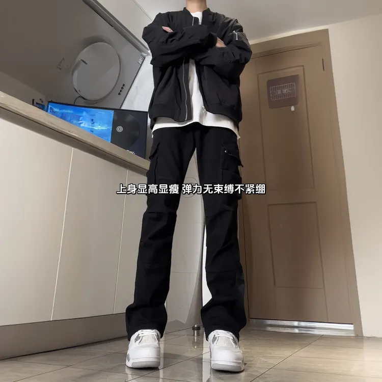 美式工装裤男复古多口袋休闲裤机车vibe风直筒微喇黑色高街裤子男