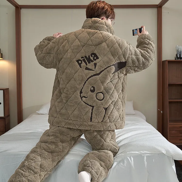 睡衣男士冬季三层加厚珊瑚绒夹棉保暖加绒法兰绒家居服套装可外穿