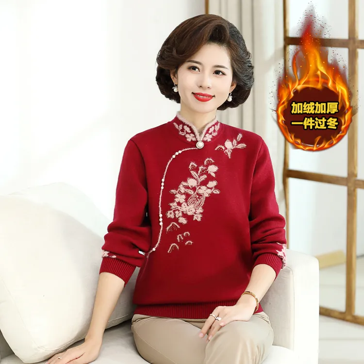 妈妈冬装加绒加厚洋气毛衣一体绒打底衫旗袍领中老年女针织衫上衣