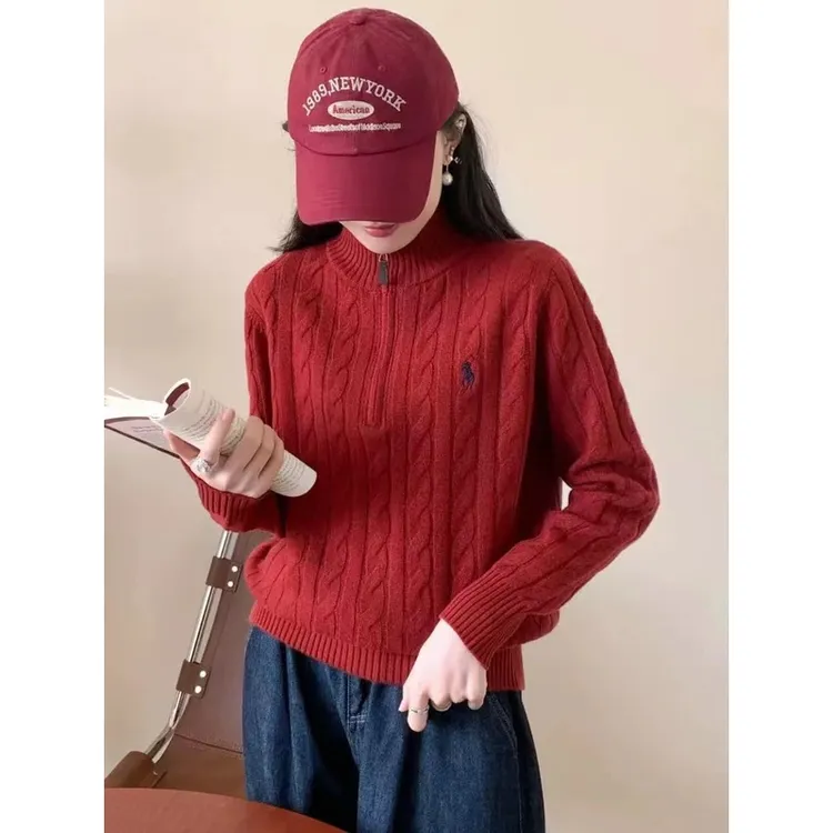 战马刺绣立领半拉链套头高领厚短款毛衣秋冬休闲百搭麻花针织衫女
