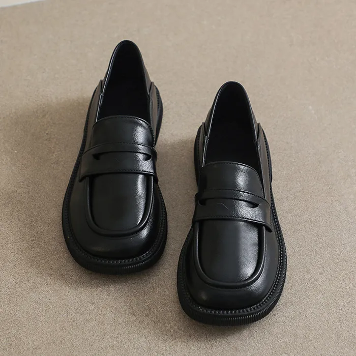 大码女鞋41-43乐福鞋小皮鞋软底两穿黑色新款通勤厚底粗跟一脚蹬