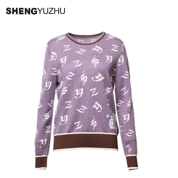 声雨竹秋冬新款时尚百搭舒适紫色字母花织圆领套头毛衣毛衣女秋冬