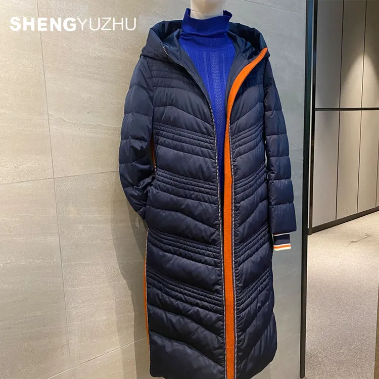 声雨竹冬季时尚休闲防风连帽加厚保暖中长款H版女款羽绒服蓝色