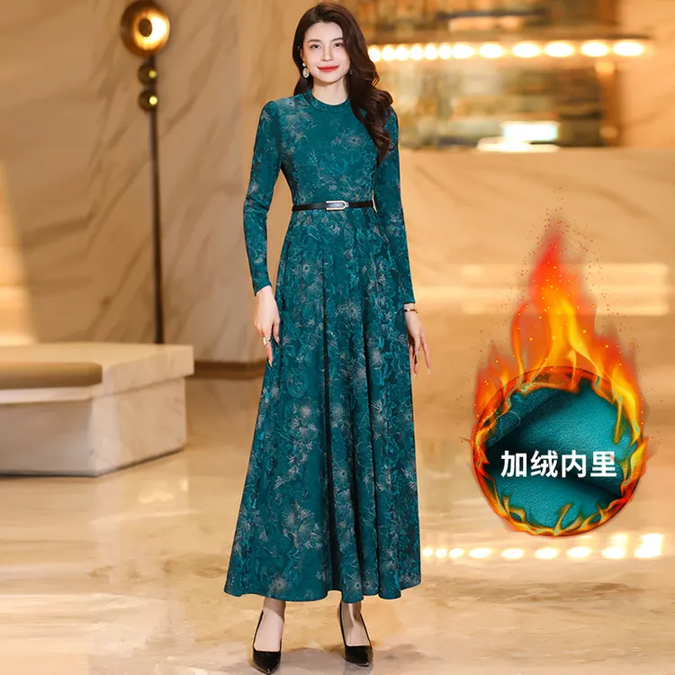 香衣丽华冬季新款加厚加绒长款过膝打底修身显示气质长裙