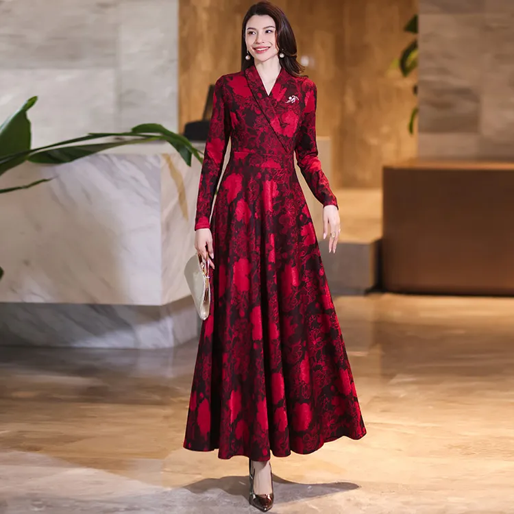 香衣丽华206-278青果领花色大摆连衣裙修身显瘦气质简约花色长裙