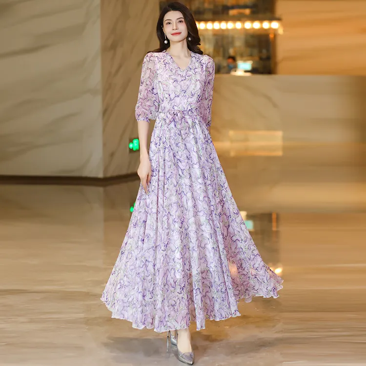 香衣丽华（-09款214号花色）7分袖V领花色长款过膝大摆连衣裙