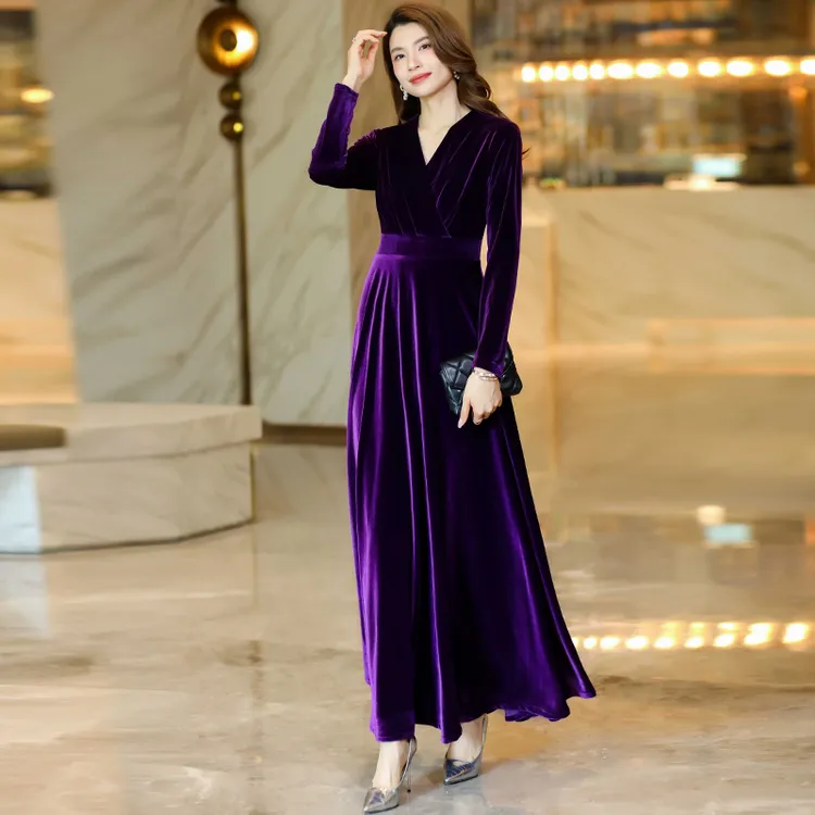 香衣丽华原创轻奢长款过膝雪尔绒连衣裙修身显瘦简约时尚气质长裙