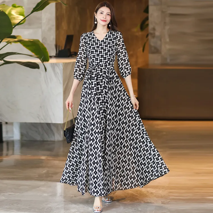 香衣丽华09-242七分袖长款V领黑白格过膝大摆连衣裙修身显瘦长裙