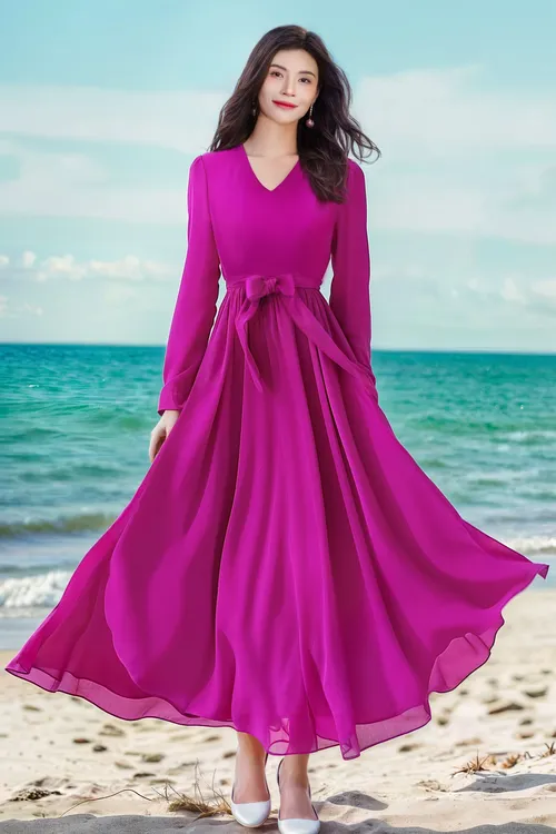 香衣丽华07玫红防晒袖V领套头大摆连衣裙修身显瘦气质长款连衣裙