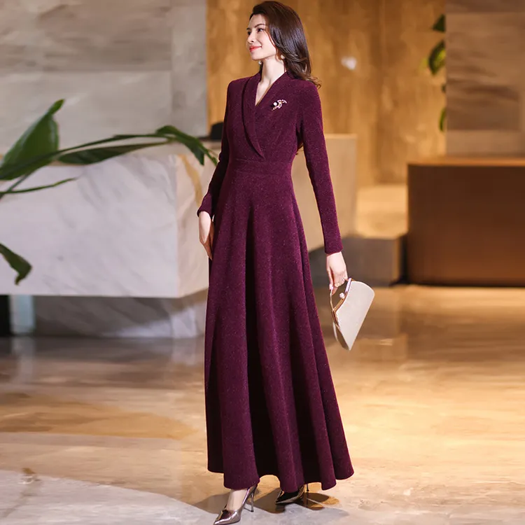 香衣丽华206-273青果领长款过膝大摆连衣裙修身显瘦气质简约长裙