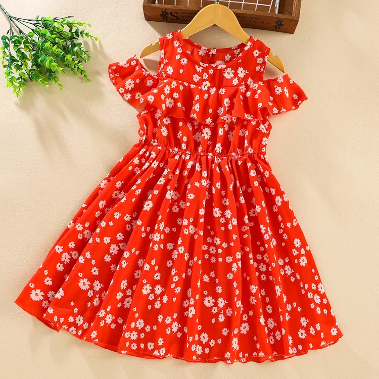 女童夏季碎花露肩连衣裙中大童垂感清凉时尚中长裙小猪响当当