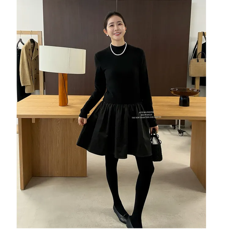 widelia小立领打底衫拼接蓬蓬裙内搭黑色显瘦气质百搭连衣裙9375