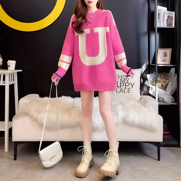 秋冬季学生套头毛衣女宽松慵懒风中长款针织打底衫韩系洋气百搭潮