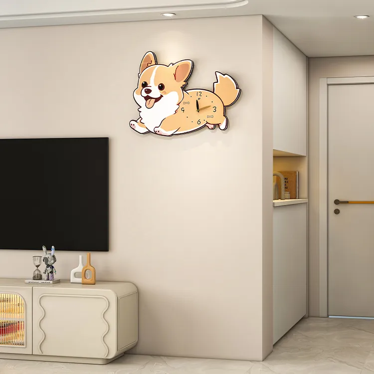 家用卡通创意免打孔钟表挂墙小狗时钟简约现代可爱艺术客厅挂钟