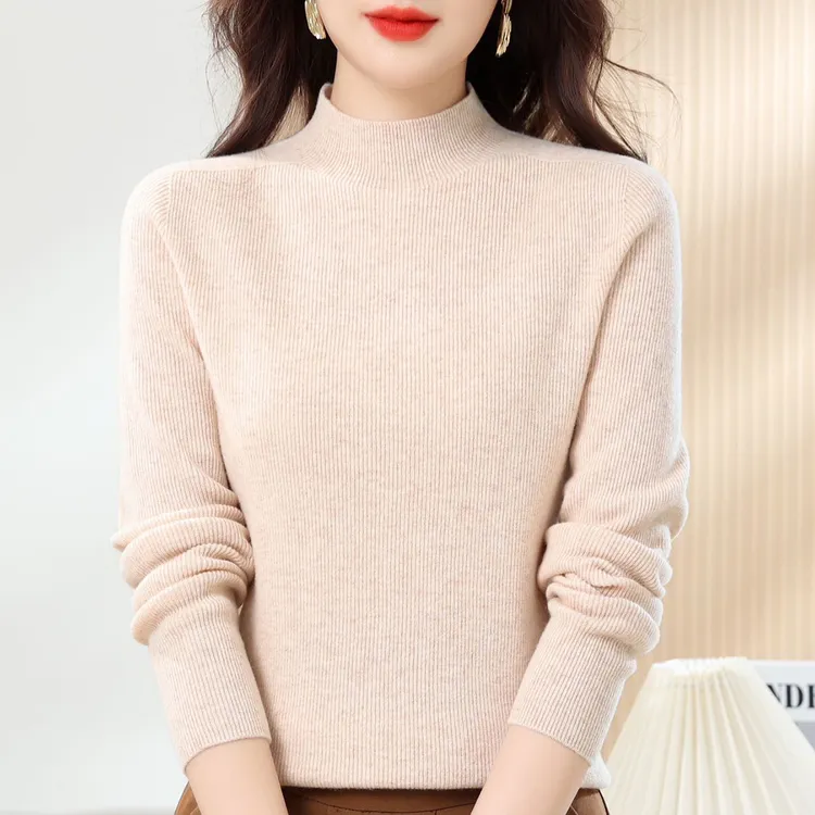 hanyang/晗洋全羊毛无缝弹力半高领羊毛衫2025女式羊毛100%套头衫