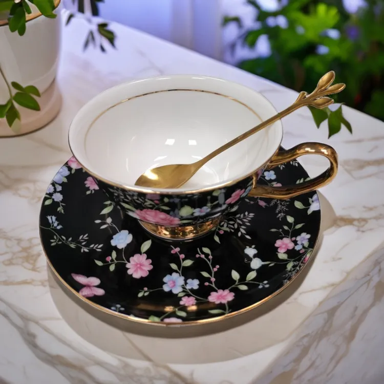 黑色碎花200ML高档欧式陶瓷咖啡杯茶具