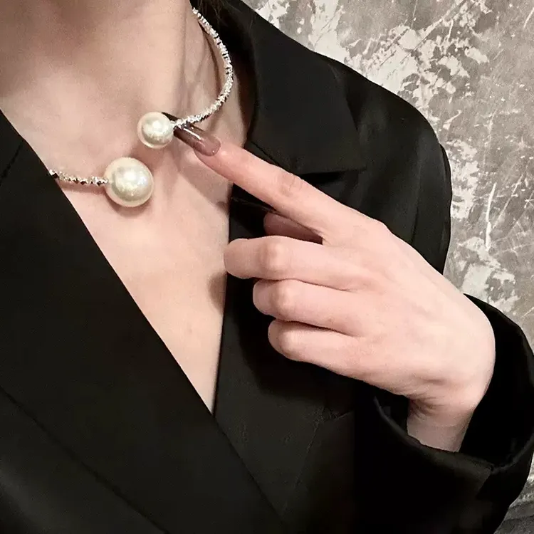 铜合金项链 女神气质碎银子珍珠开口项圈颈链轻奢小众个性锁骨链