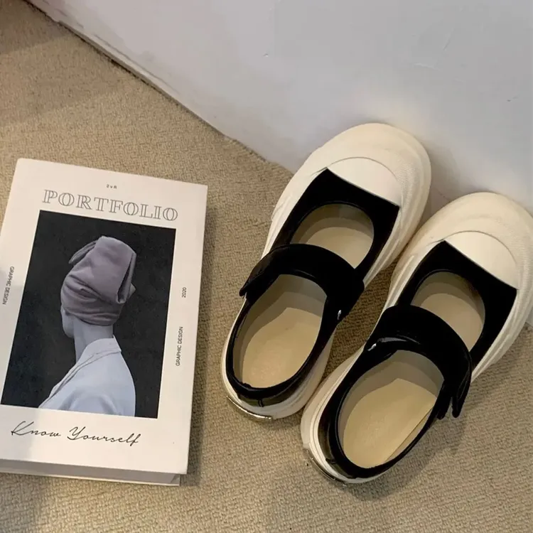 百搭同款玛丽珍女鞋2024春夏季魔术贴厚底小白鞋透气休闲女鞋复古