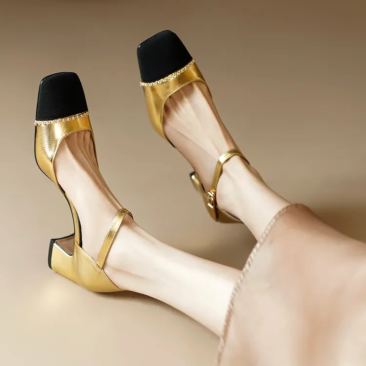 全真皮法式名媛拼色小香风包头高跟鞋女粗跟凉鞋一字带配裙子金色