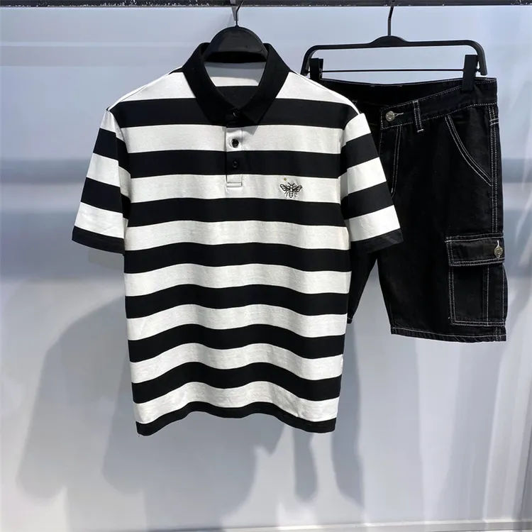 polo衫男短袖复古美式潮牌新款潮流珠地棉条纹小蜜蜂刺绣t恤男士 