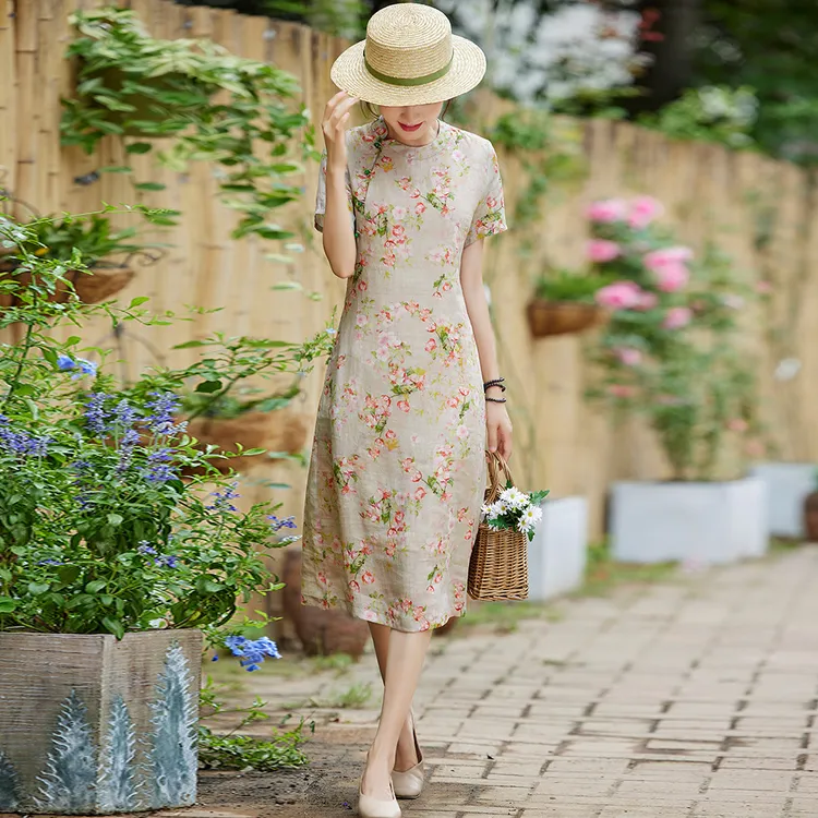 中国风旗袍苎麻改良印桃花小个子夏季高端文艺复古中长款连衣裙