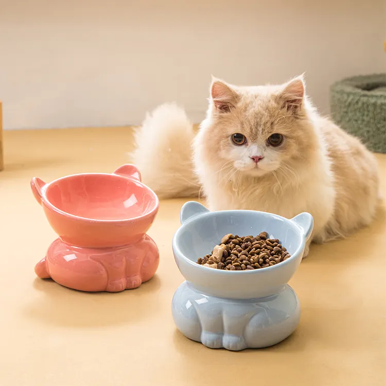 猫碗陶瓷可爱猫食盆饮水粮碗高脚斜口防黑下巴大容量护颈猫宠用品