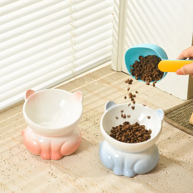 可爱陶瓷猫碗斜口保护颈椎猫猫吃饭喝水碗防黑下巴狗碗宠物用品
