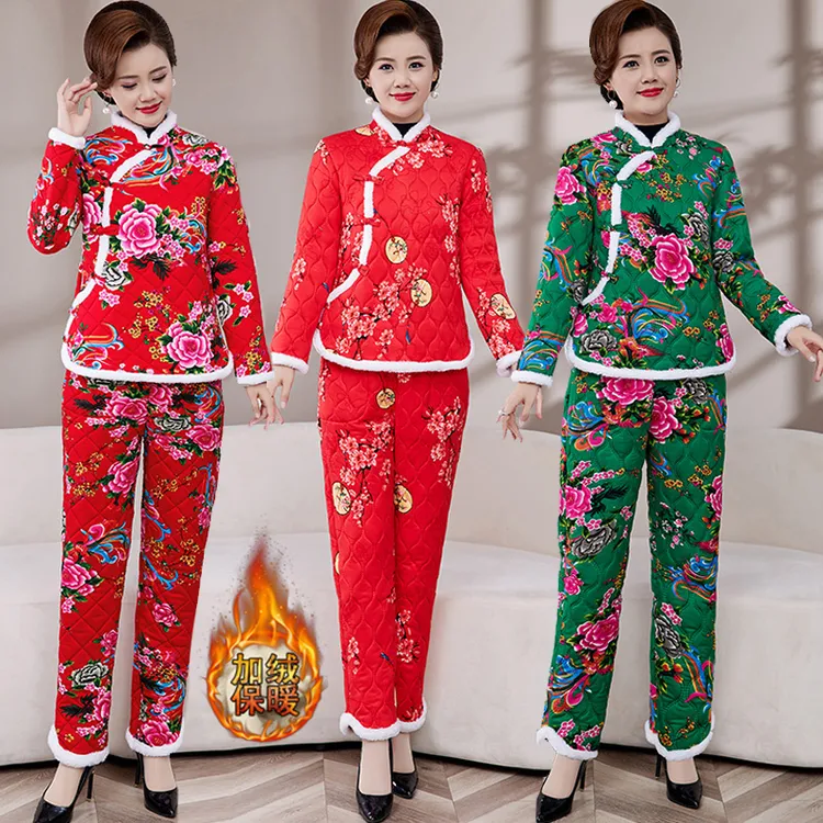 东北大花棉衣棉裤套装民族风秋冬款加厚加绒一整套棉袄婚庆演出服