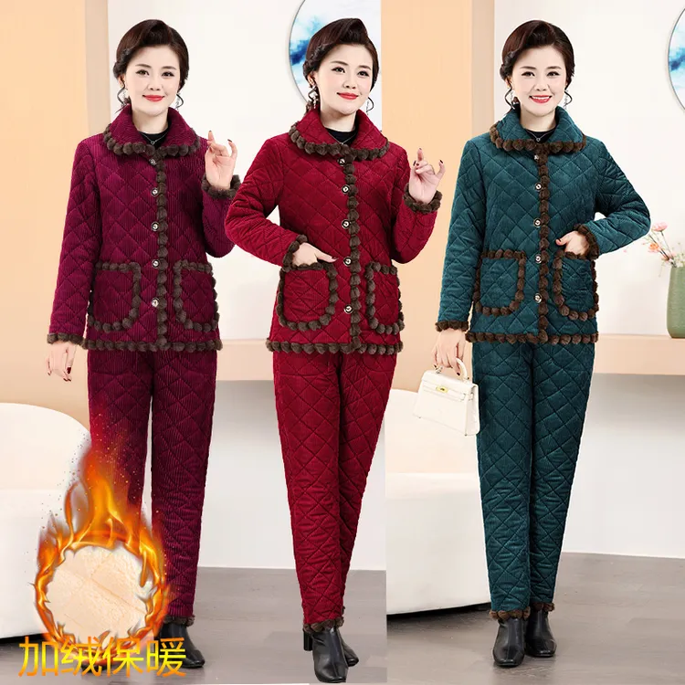 冬季加绒灯芯绒棉衣棉裤套装中老年复古棉袄加厚保暖棉服两件套