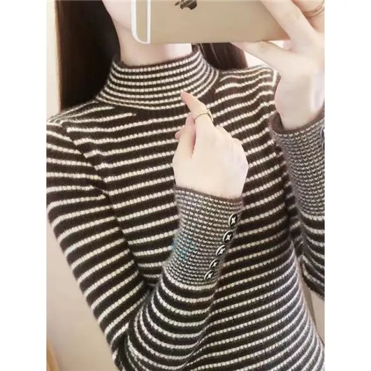 秋冬半高领仿水貂条纹毛衣女修身内搭打底衫加厚针织衫保暖套头