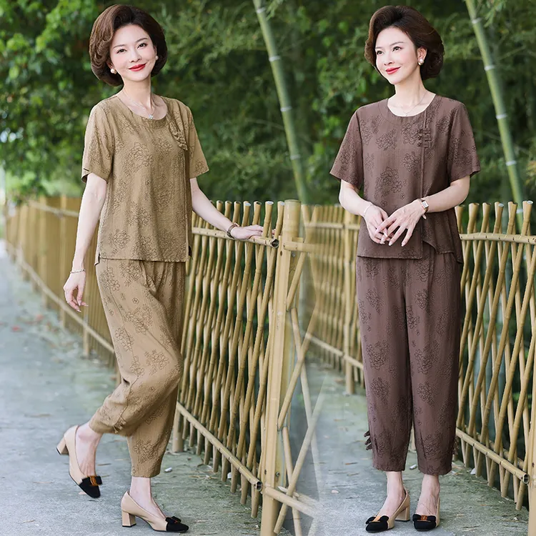 妈妈夏装洋气棉麻套装2024新款复古短袖T恤中老年女装休闲两件套