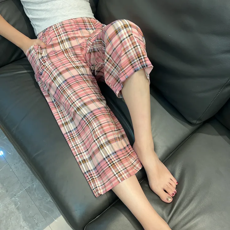 睡裤女夏棉绸夏季超薄人造棉薄款大码七分裤情侣居家可外穿阔腿裤