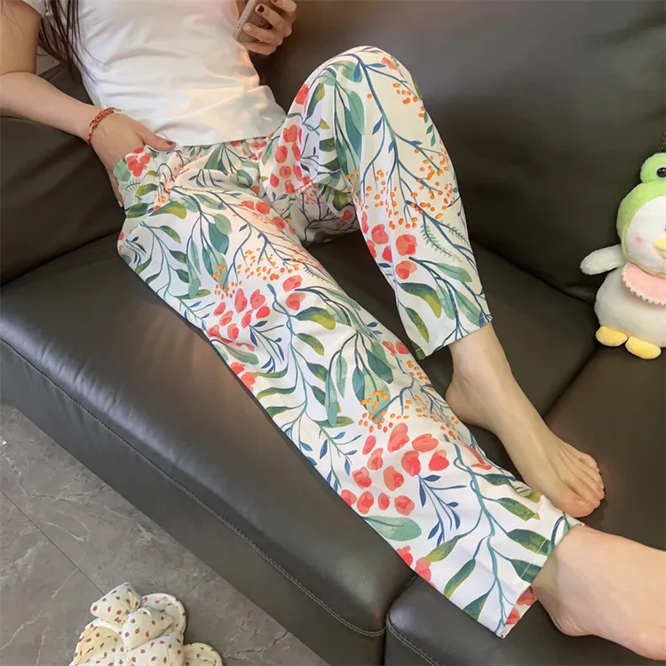 棉绸睡裤女夏人造棉薄款网红阔腿裤春秋可外穿防蚊裤家居空调长裤