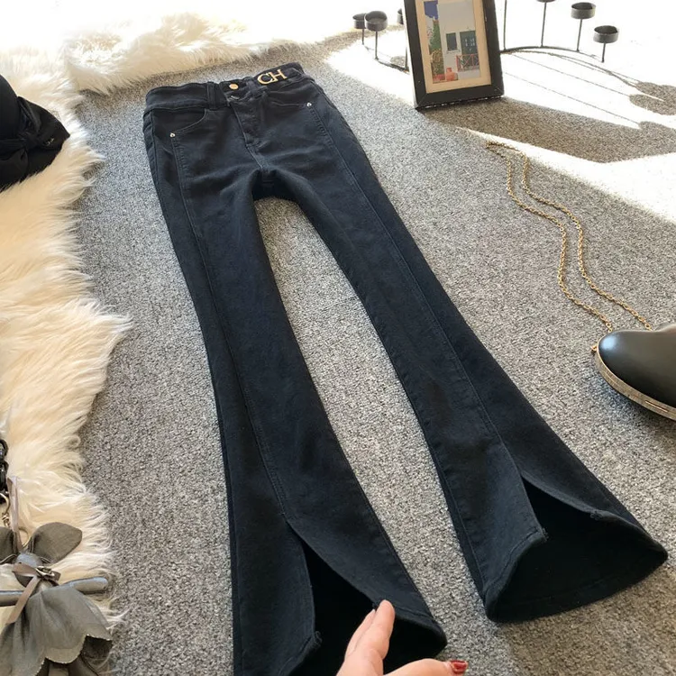 高腰微喇裤黑色牛仔裤女春装小个子喇叭裤宽松梨形身材裤子春秋款