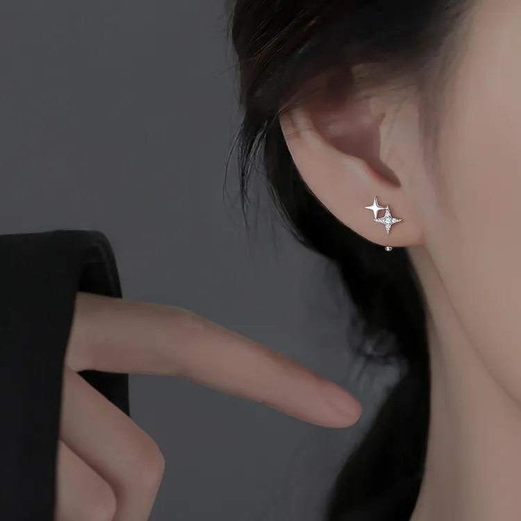 足银合成锆石耳饰 999纯银星星耳钉轻奢养耳洞耳环小众高级感耳饰