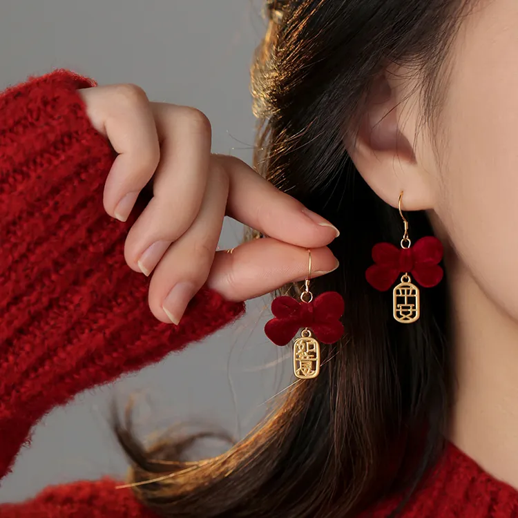 合金耳饰 925银针蝴蝶结耳环小众本命年过年2026马新年红色耳钉女