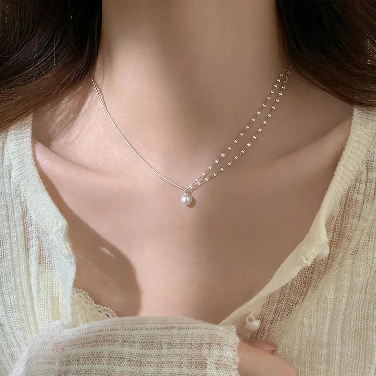 链子足银仿珍珠 990纯银项链气质颈链女轻奢小众设计感温柔锁骨链