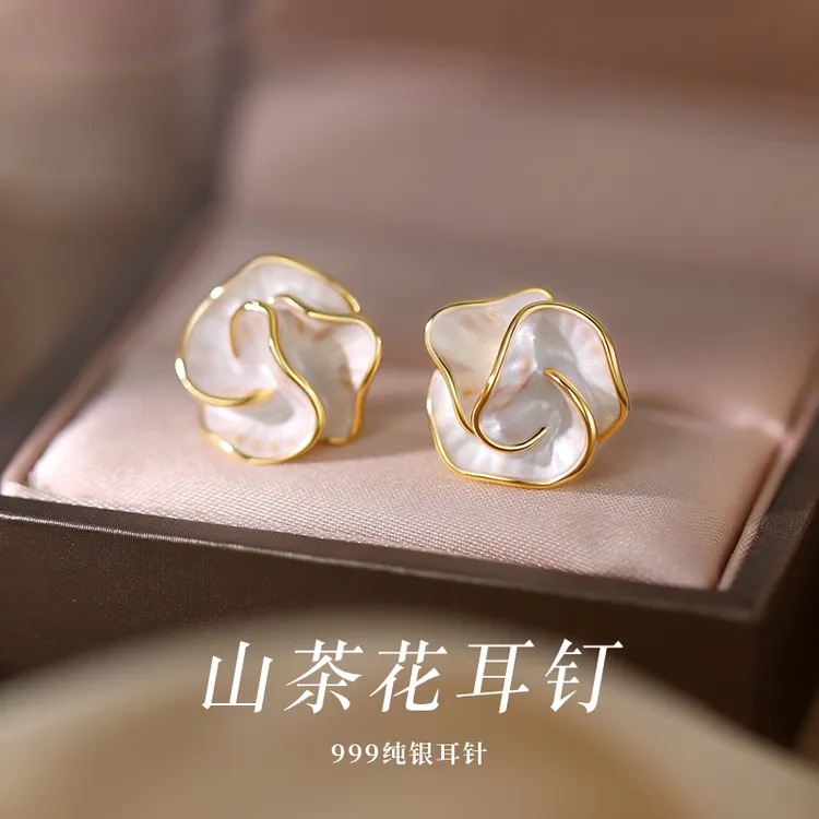 合金耳饰 999银针山茶花耳钉新款2025爆款小众高级耳环轻奢耳饰女