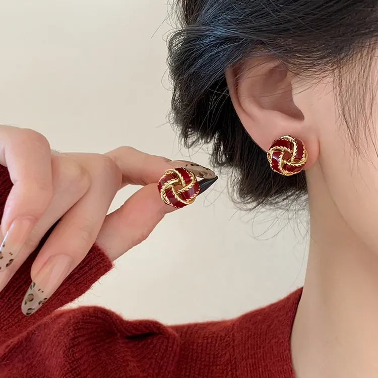 合金耳饰 999银针同心结耳钉2026马新年本命年红色耳环女过年耳饰
