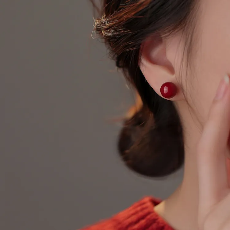 足银耳饰 999纯银红豆耳钉女新年本命年2025蛇年耳环过年气质耳饰