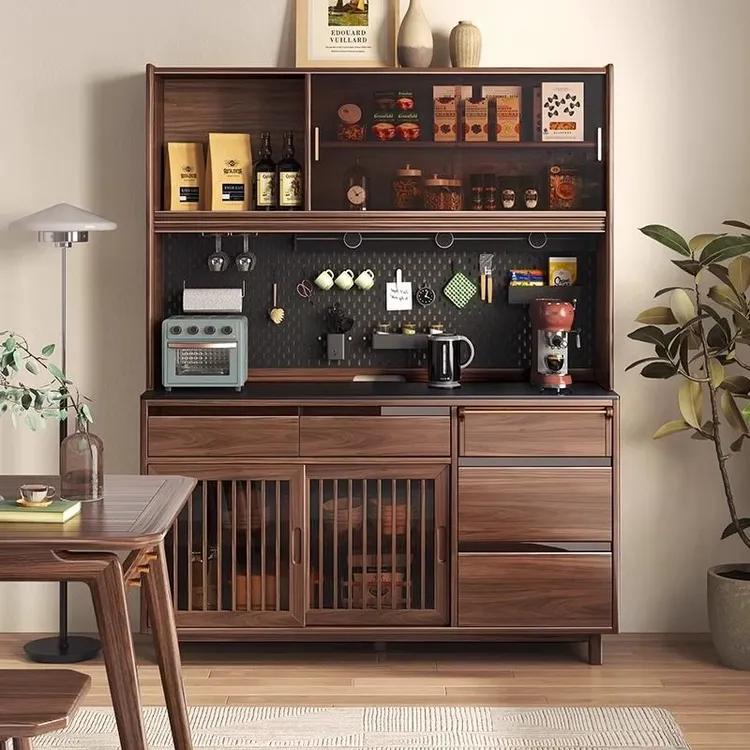 新中式黑胡桃木餐边柜高柜现代简约多功能餐厅酒柜靠墙一体储物柜
