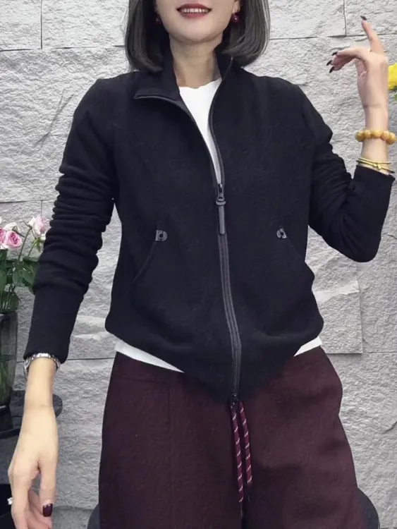 上衣百搭长袖感外套2024年时尚黑色气质女高级新款秋冬立领一整套