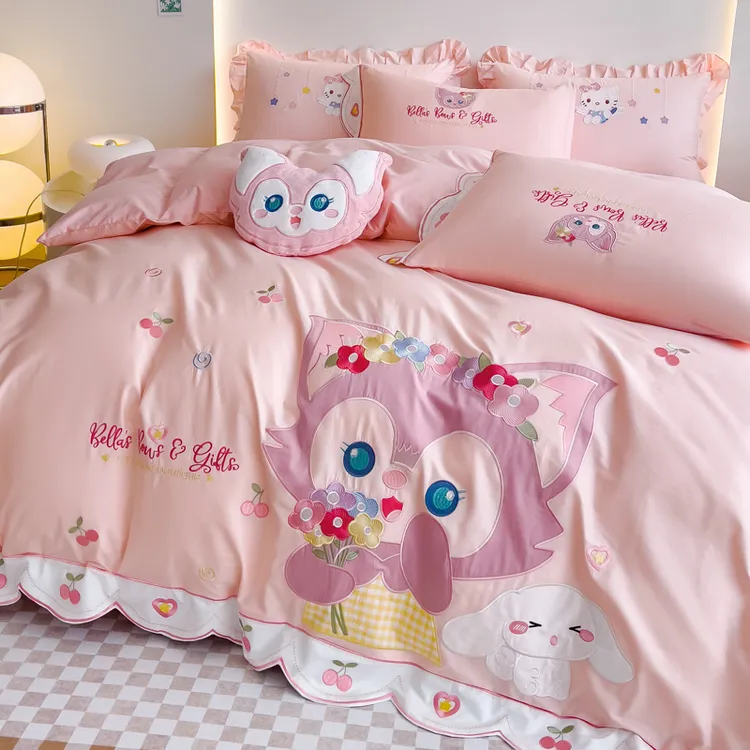 24年新款纯棉女孩亲子粉色女童公主风绣花床品少女心被套四件套