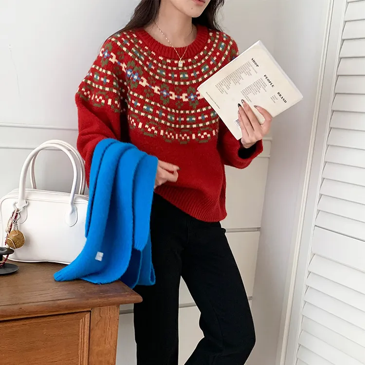 费尔岛红色毛衣女冬高级感超好看上衣今年流行慵懒宽松提花针织衫