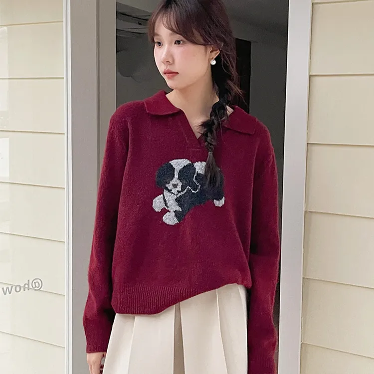 红色毛衣女宽松慵懒风高级感韩系通勤卡通刺绣小狗Polo领针织衫
