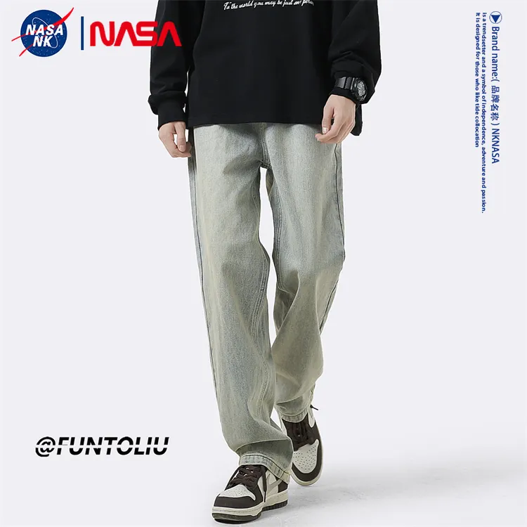NASA联名牛仔裤男士百搭冬季美式复古高街潮牌阔腿直筒休闲长裤WJ