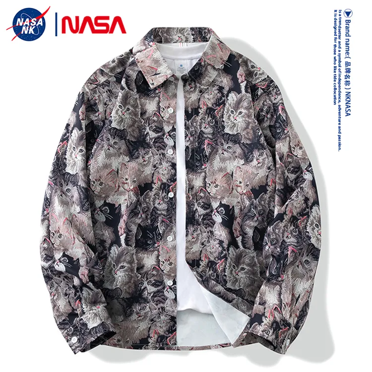 NASA联名猫咪长袖衬衫男士外套春秋季高级感翻领排扣印花衬衣服ZK