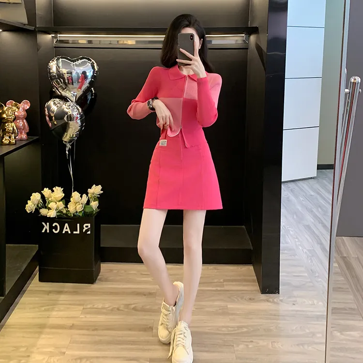 多巴胺甜妹休闲时尚套装女2025秋季洋气粉色长袖针织衫短裙两件套
